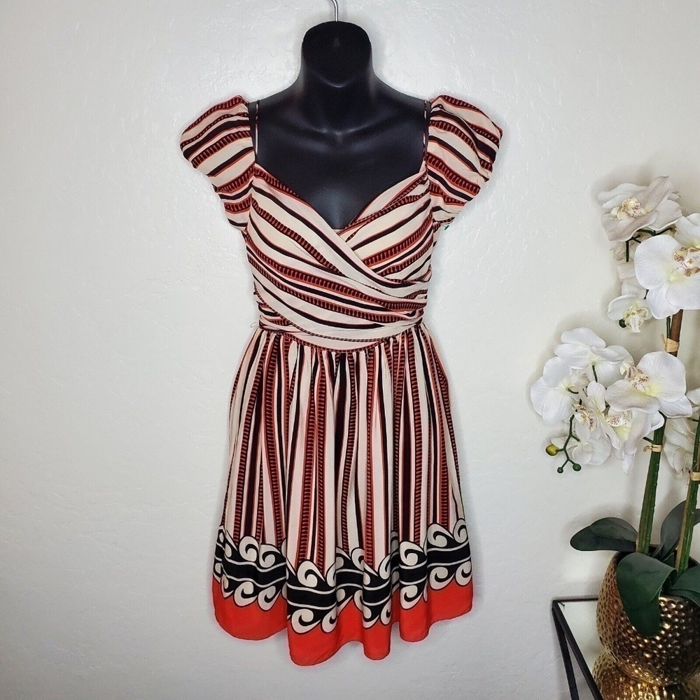 Anna Sui Womens Black & Orange Striped Off Shoulder Silk Dress Sz 3